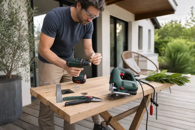 Bricoleur équipé préparant visseuse, scie sauteuse et sécateur sur une terrasse