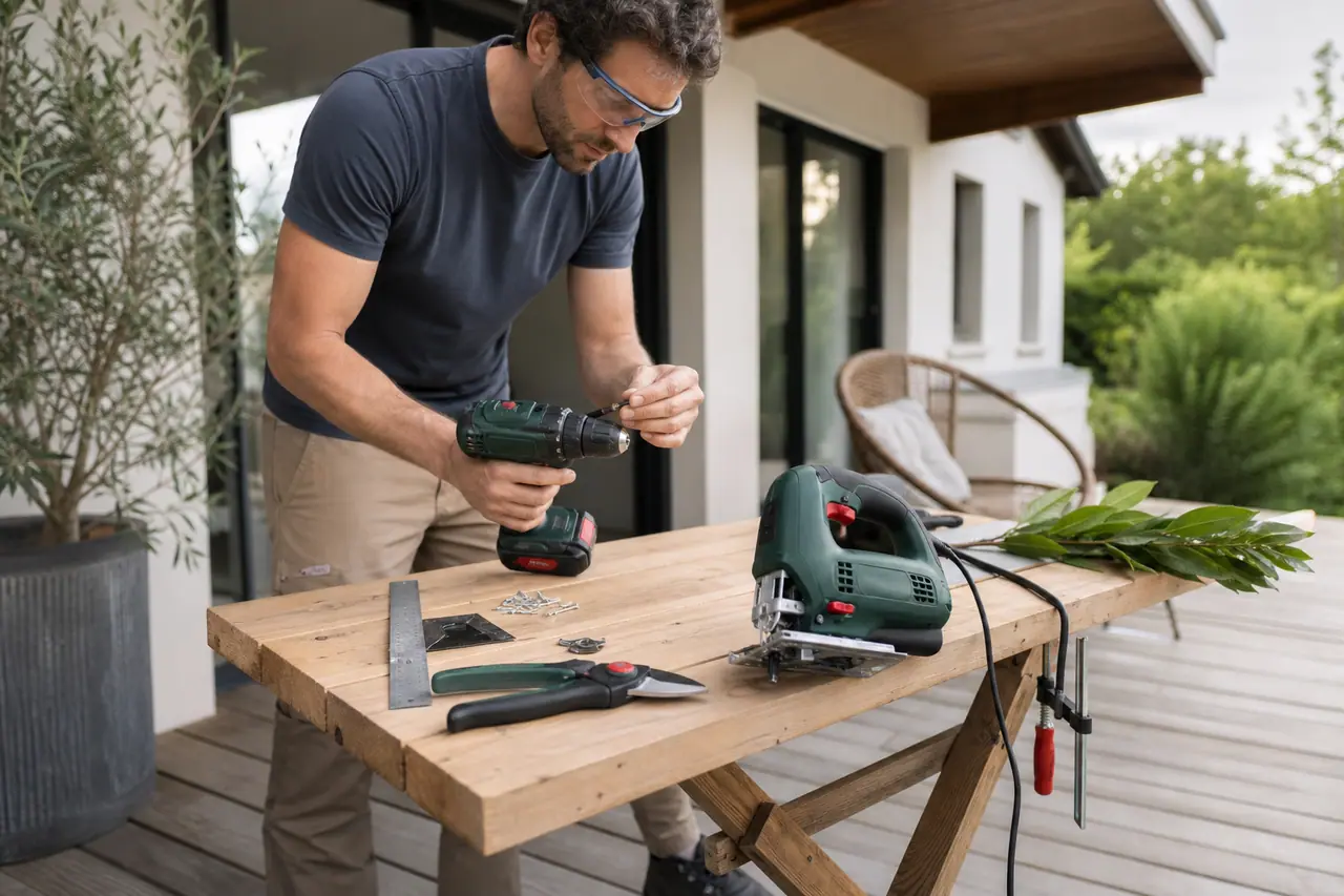 Bricoleur équipé préparant visseuse, scie sauteuse et sécateur sur une terrasse