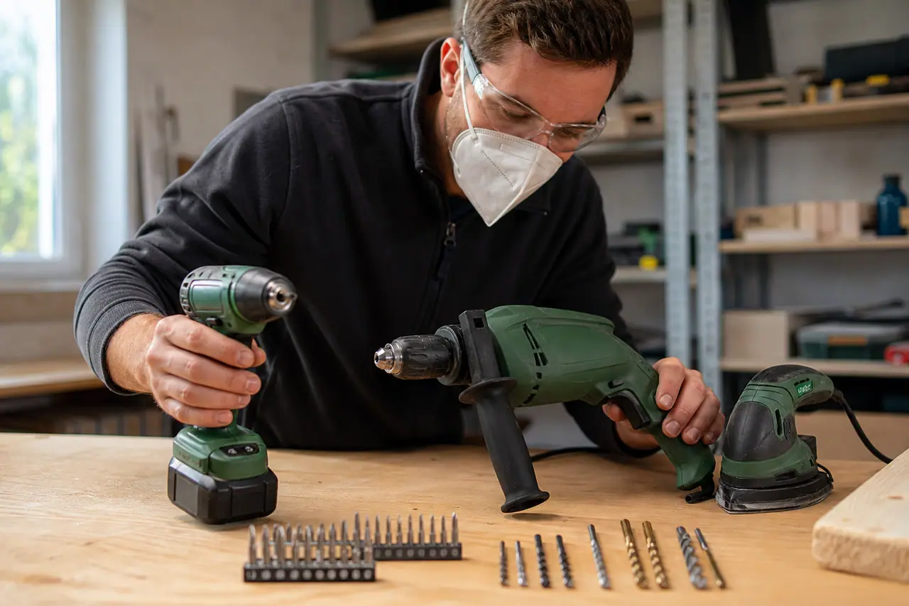 Trois outils électriques compacts avec forets et embouts rangés sur un établi.