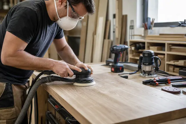 Bricoleur ponçant un plateau en chêne avec aspiration et protections adaptées.