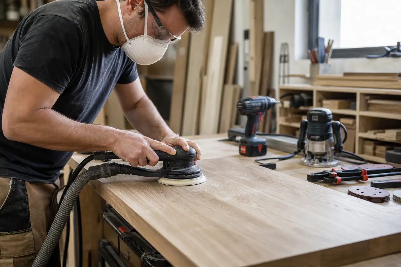 Bricoleur ponçant un plateau en chêne avec aspiration et protections adaptées.