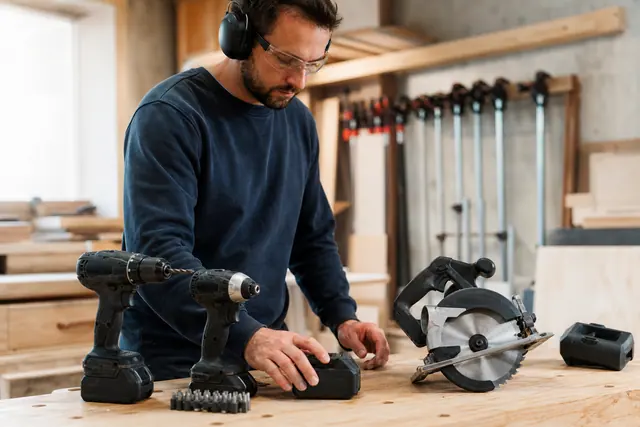 Trois outils sans fil rangés sur un établi avec batteries et protections.