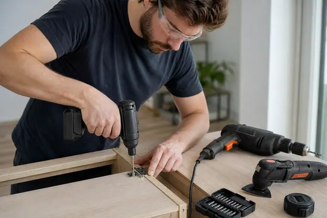 Visseuse compacte et outils de bricolage pour assembler un meuble en bois.
