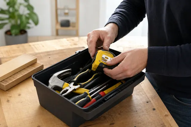 Mètre ruban, marteau et tournevis rangés dans une boîte à outils