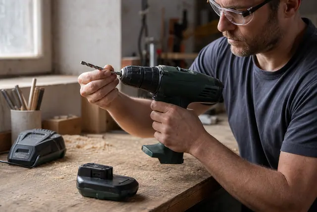 Contrôle du mandrin d’une perceuse sans fil d’occasion sur un établi.