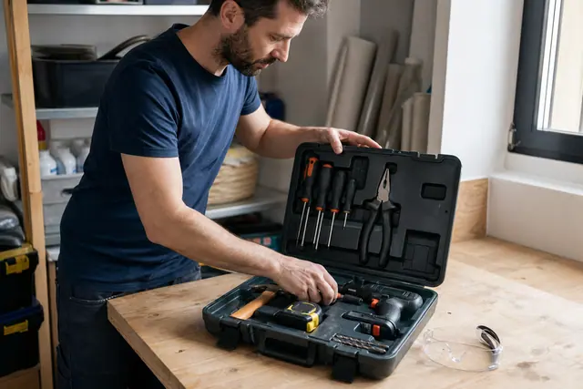 Cinq outils essentiels rangés dans une caisse ouverte sur un établi domestique.
