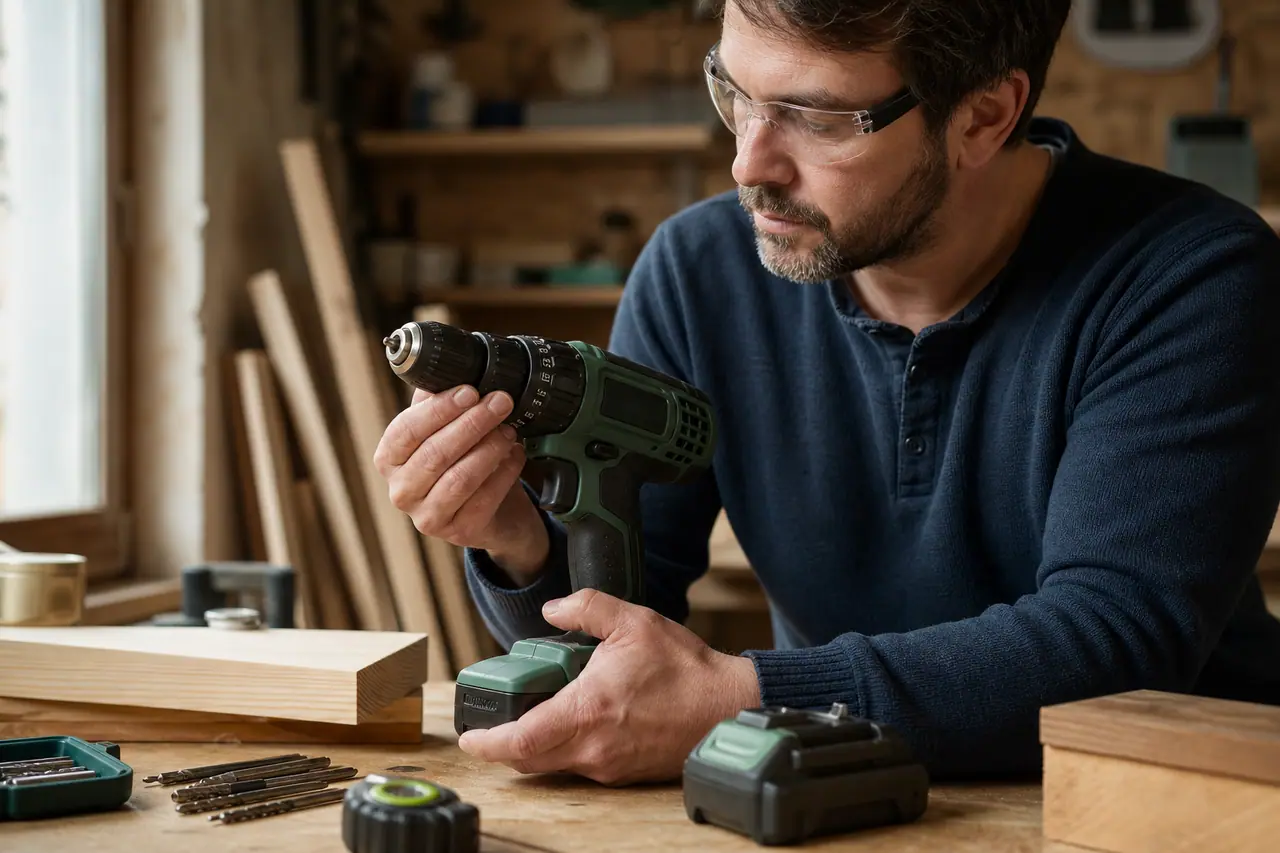Bricoleur comparant une perceuse sans fil et des échantillons de bois