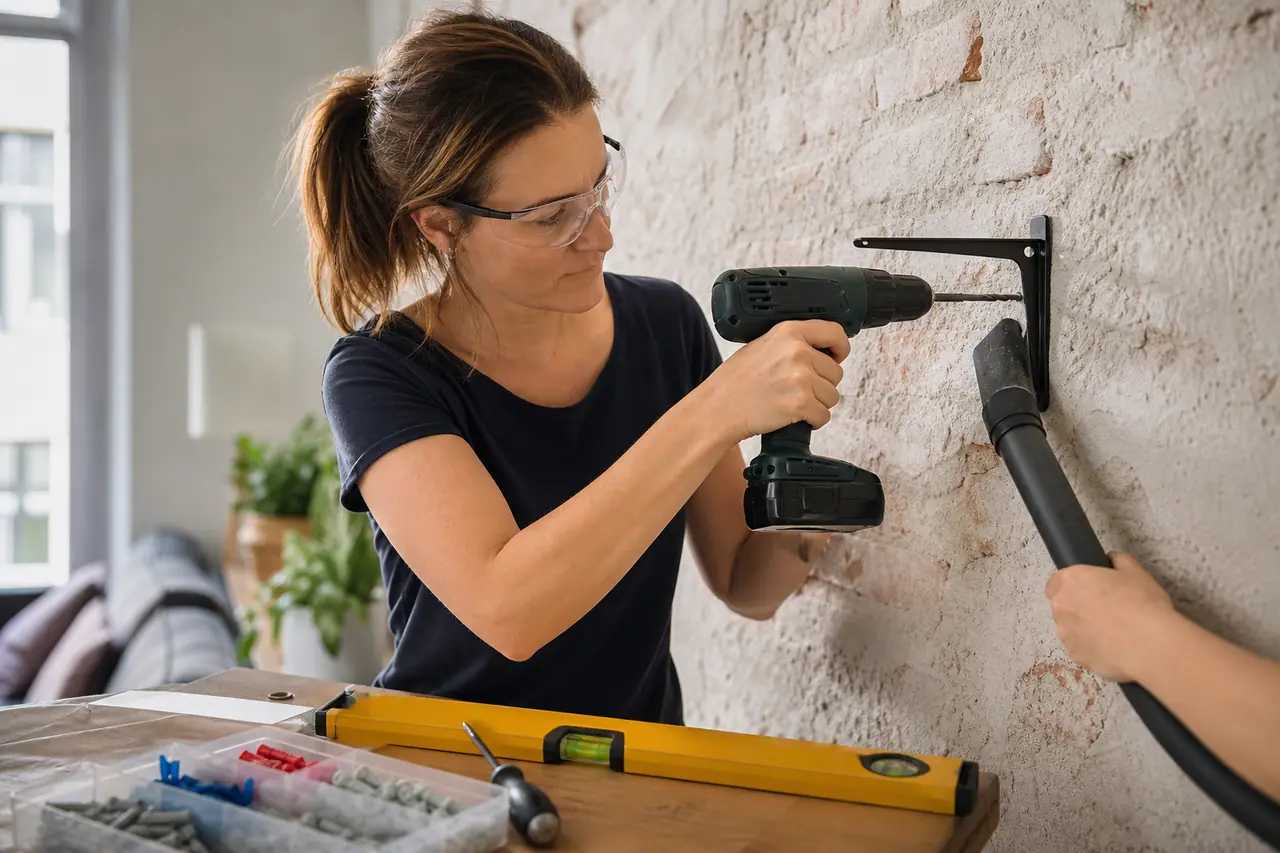 Bricoleuse fixant un tasseau mural avec une perceuse-visseuse sans fil.