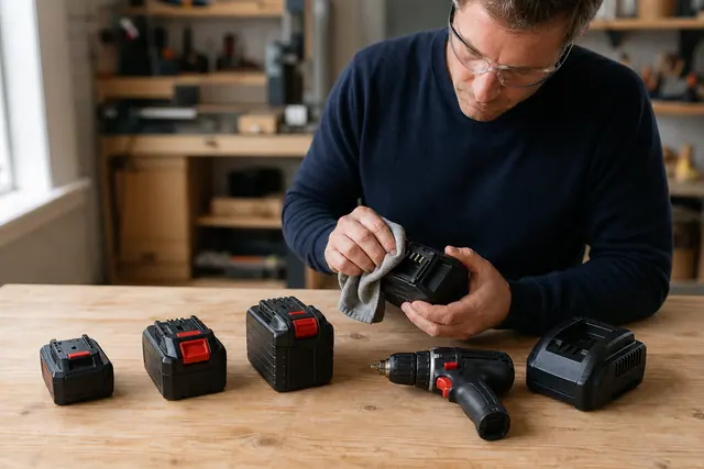 Trois batteries sans fil près d’une visseuse sur un établi en bois.