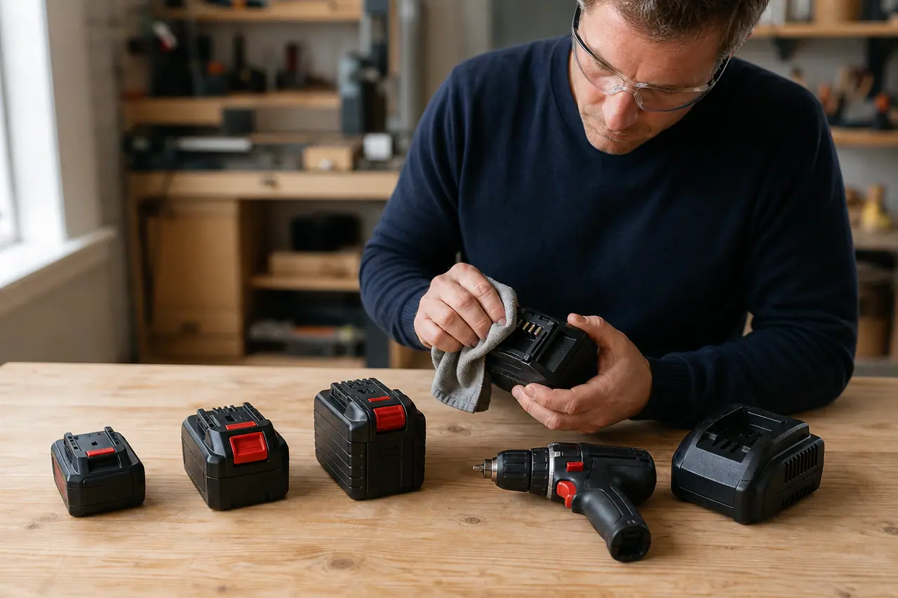 Trois batteries sans fil près d’une visseuse sur un établi en bois.