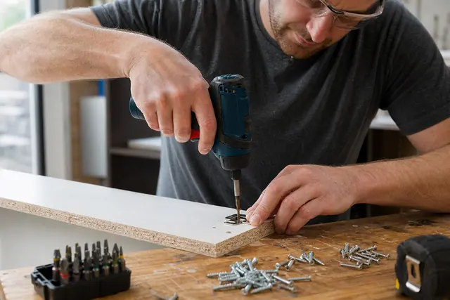 Visseuse compacte utilisée pour fixer une charnière sur un meuble en mélaminé.