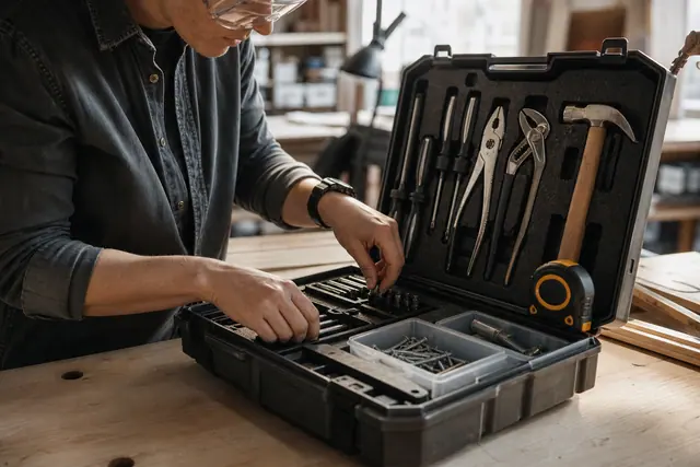Boîte à outils ouverte avec pinces, tournevis, marteau et mètre rangés.