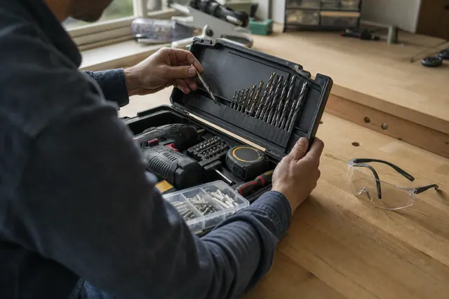 Caisse ouverte avec perceuse-visseuse, forets et outils essentiels rangés sur un établi.