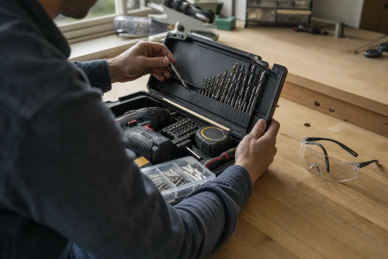 Caisse ouverte avec perceuse-visseuse, forets et outils essentiels rangés sur un établi.