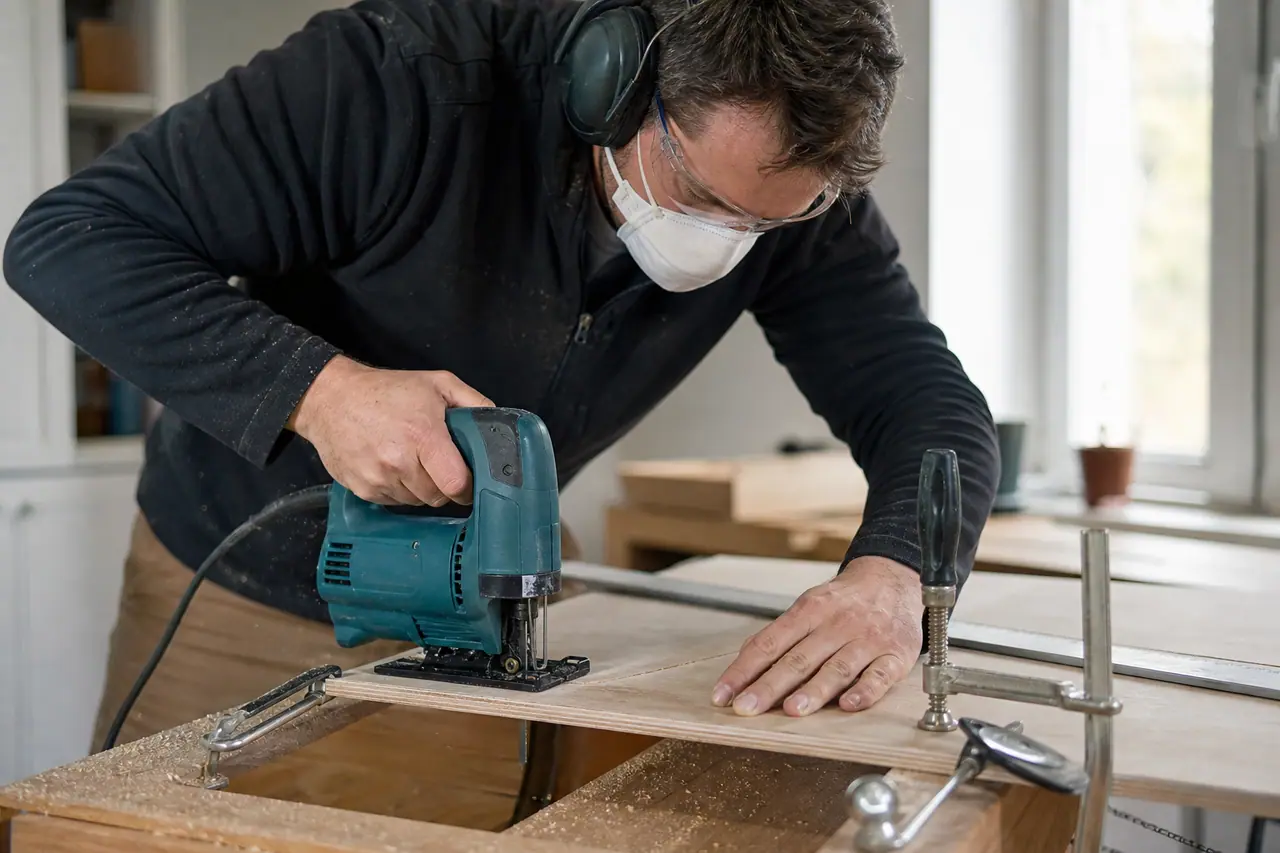 Bricoleur équipé utilisant une scie sauteuse sur un panneau de contreplaqué