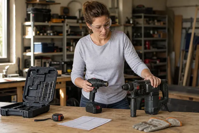 Bricoleuse comparant une perceuse-visseuse et un perforateur sur un établi d’atelier.