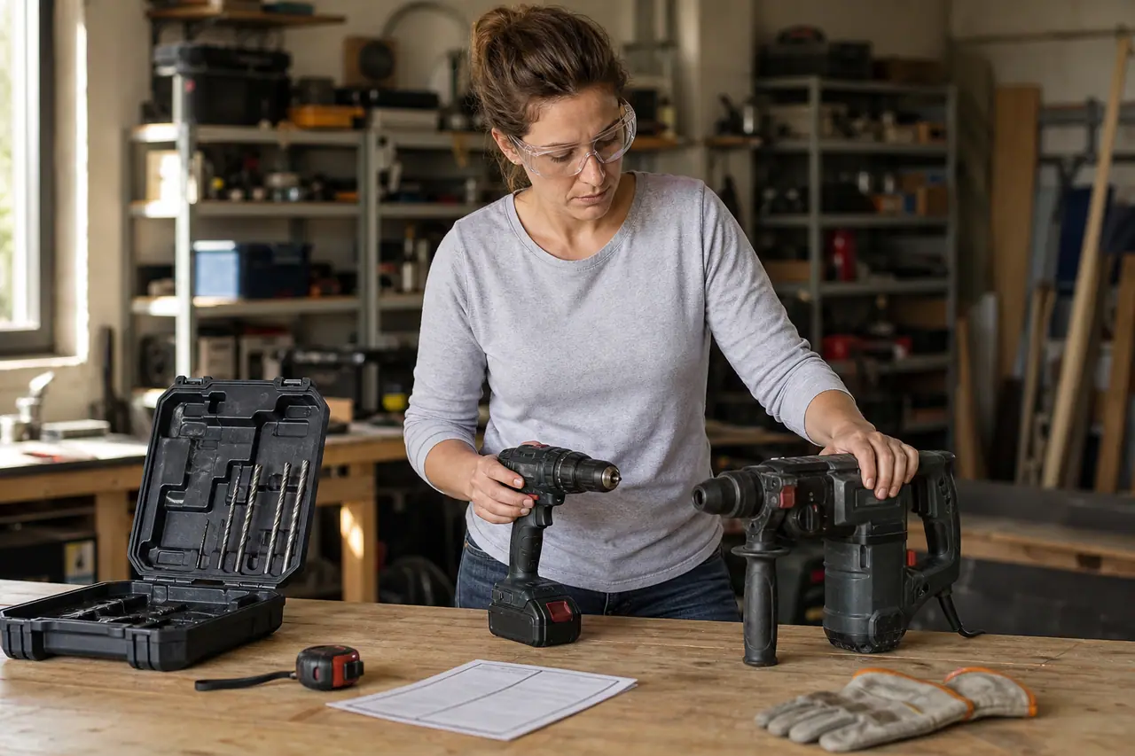 Bricoleuse comparant une perceuse-visseuse et un perforateur sur un établi d’atelier.