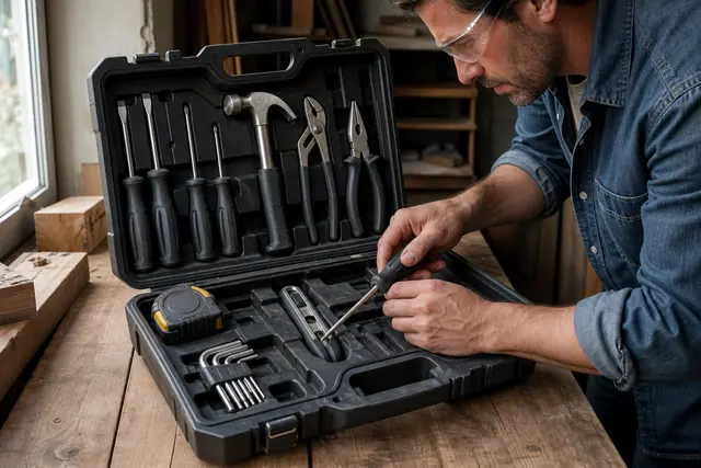 Boîte ouverte avec outils manuels essentiels rangés sur un établi en bois