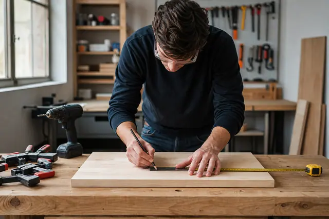 Débutante traçant une planche sur établi avec équerre et lunettes de protection