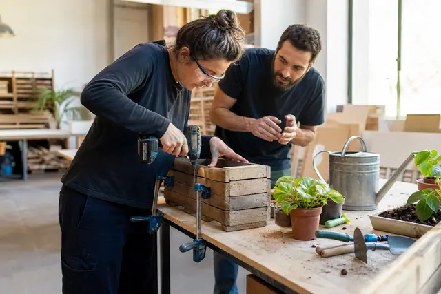 Débutante fabriquant une jardinière en bois dans un atelier collectif parisien.