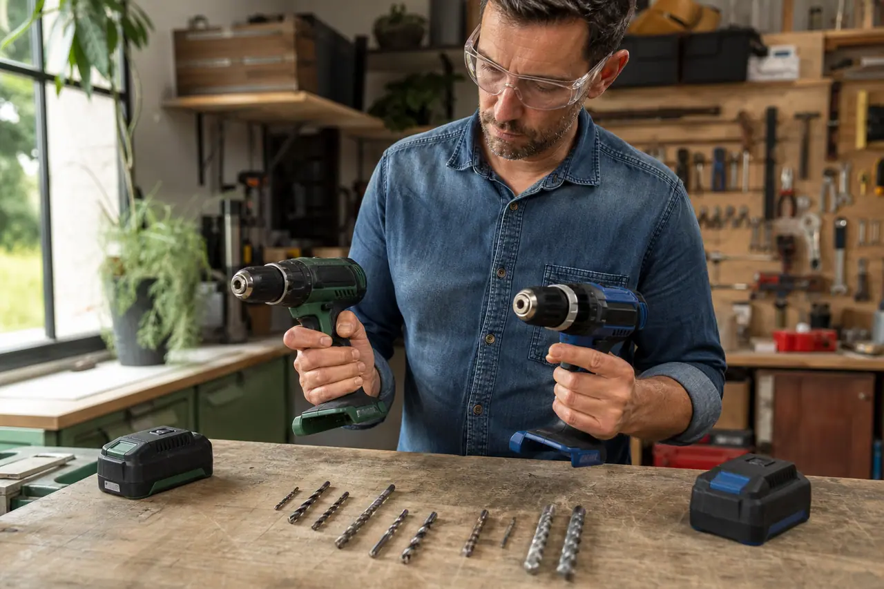 Bricoleur comparant deux perceuses sans fil verte et bleue sur un établi.