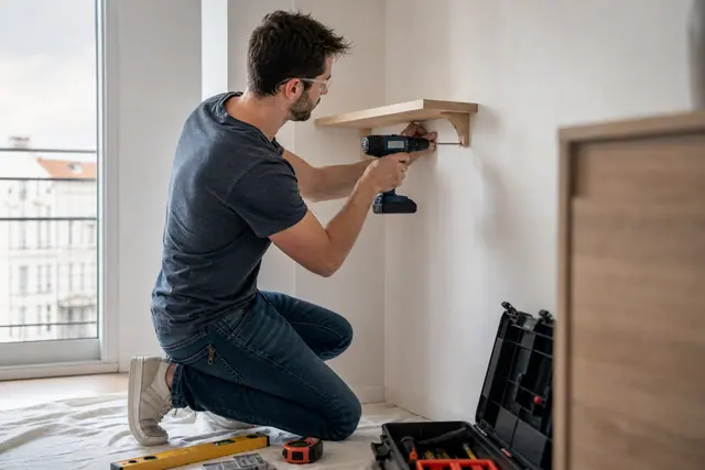 Débutant équipé de lunettes fixant une étagère sur un mur intérieur