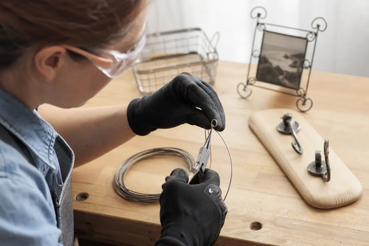 Mains gantées façonnant du fil de fer avec une pince ronde sur établi.