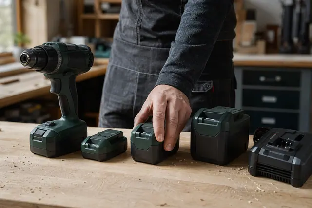 Trois batteries sans fil de capacités différentes alignées sur un établi d’atelier.