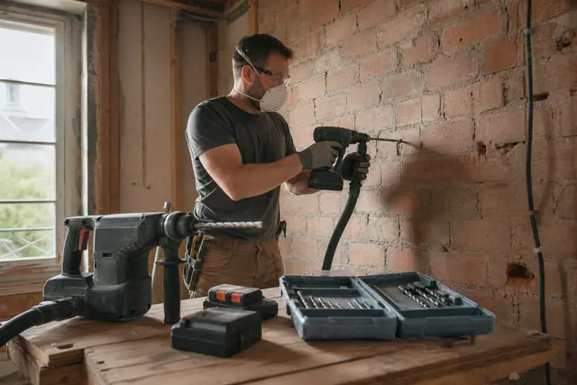 Bricoleur protégé choisissant une perceuse sans fil devant un mur en brique.