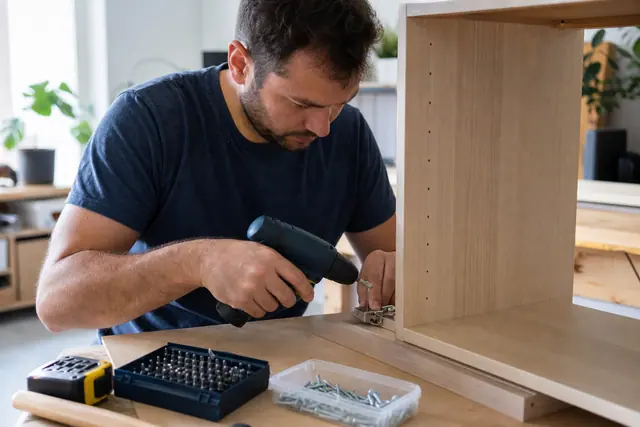 Bricoleur assemblant un meuble avec une perceuse-visseuse compacte sans fil.