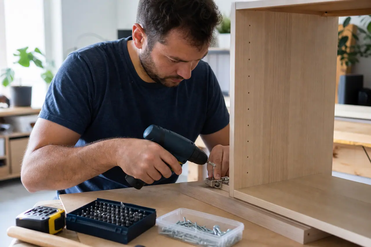 Bricoleur assemblant un meuble avec une perceuse-visseuse compacte sans fil.