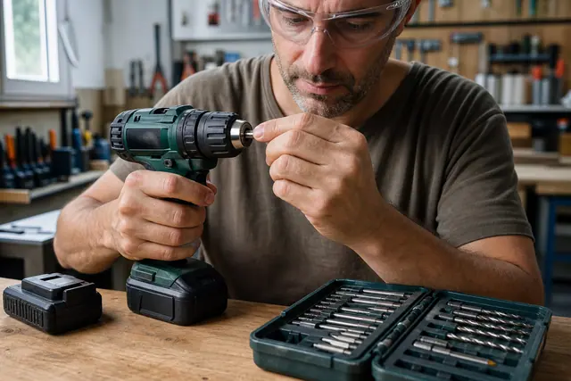 Bricoleur réglant une perceuse-visseuse sans fil sur un établi en bois