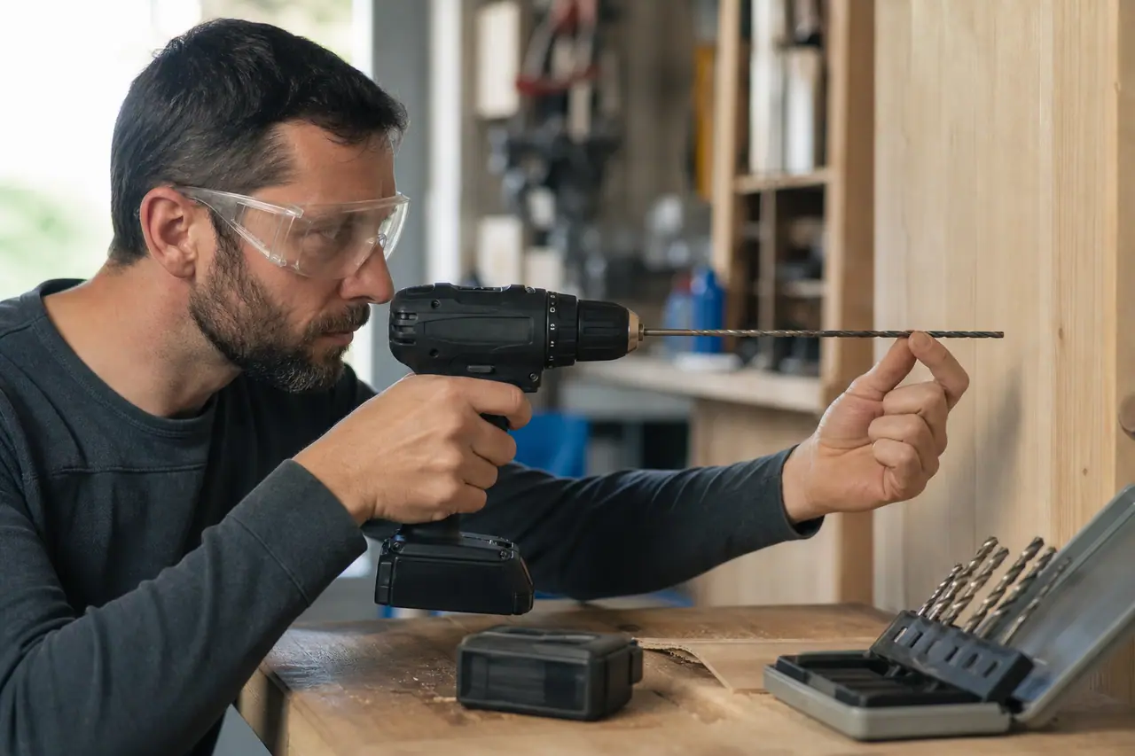 Bricoleur contrôlant le mandrin d’une perceuse-visseuse sur un établi en bois.