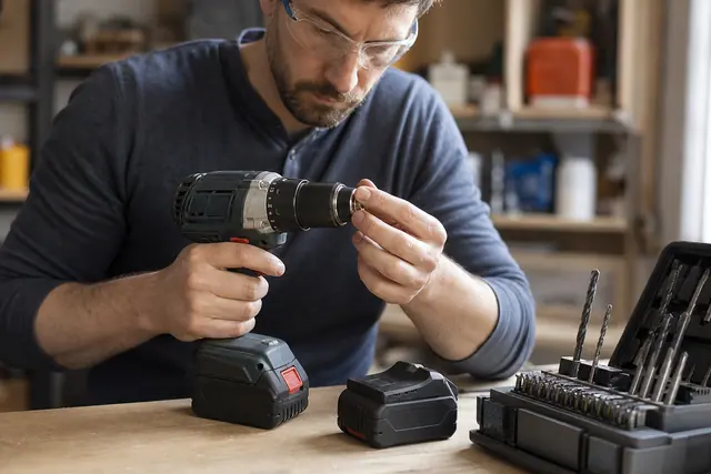 Perceuse sans fil 18 V et batteries comparées sur un établi en bois.