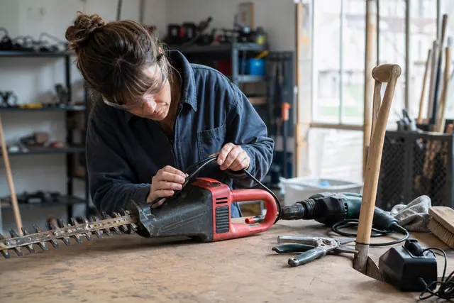 Bricoleuse inspectant le câble d’un taille-haie d’occasion sur un établi