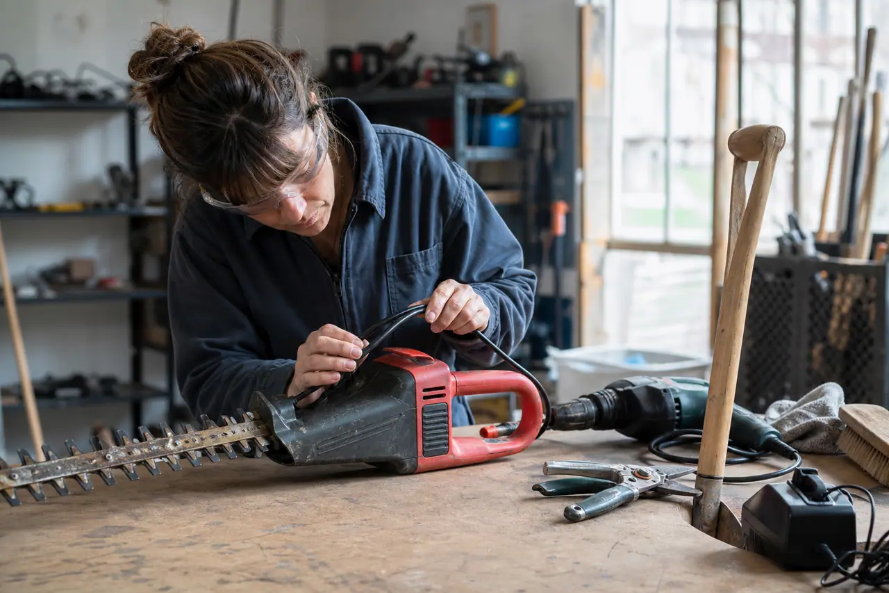 Bricoleuse inspectant le câble d’un taille-haie d’occasion sur un établi