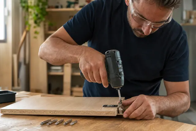 Bricoleur utilisant une visseuse compacte pour fixer une charnière de meuble.