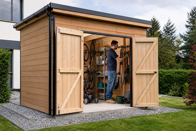 Abri de jardin de 5 m² rangé avec vélos, tondeuse et étagères.