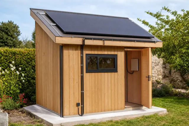 Panneau solaire fixé sur un abri de jardin en bois bien exposé.