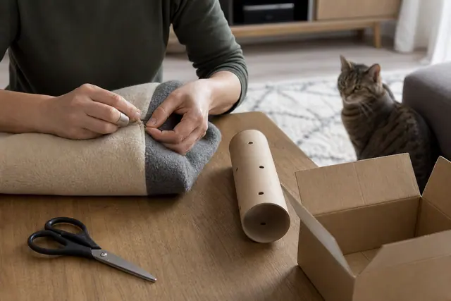Chat observant un coussin textile fait maison près d'un tube en carton.
