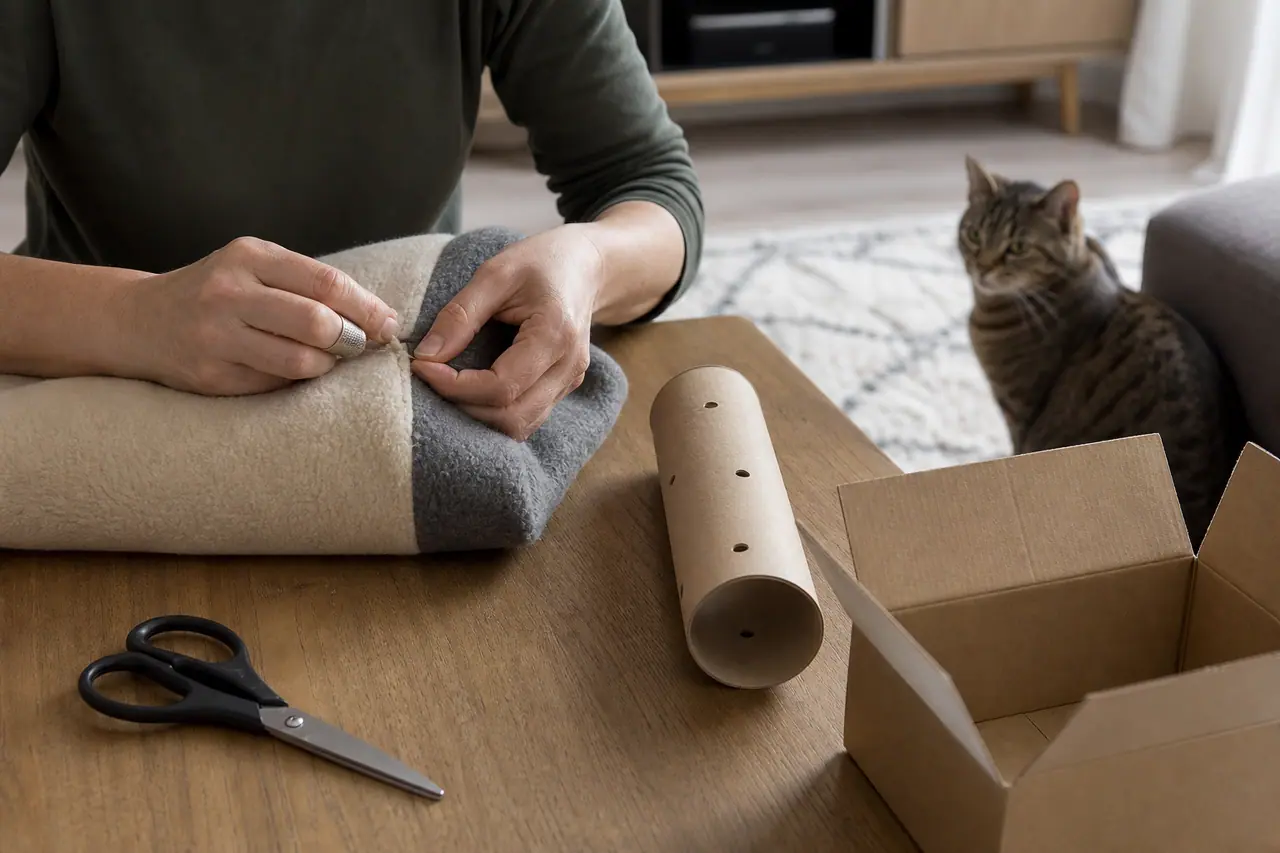 Chat observant un coussin textile fait maison près d'un tube en carton.