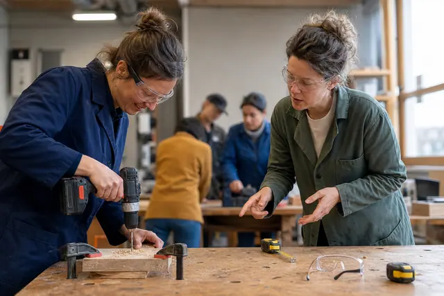 Débutante utilisant une perceuse-visseuse sur bois dans un atelier encadré.