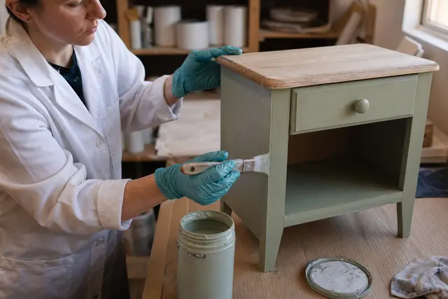 Personne appliquant une peinture mate sur une petite table de chevet en bois.