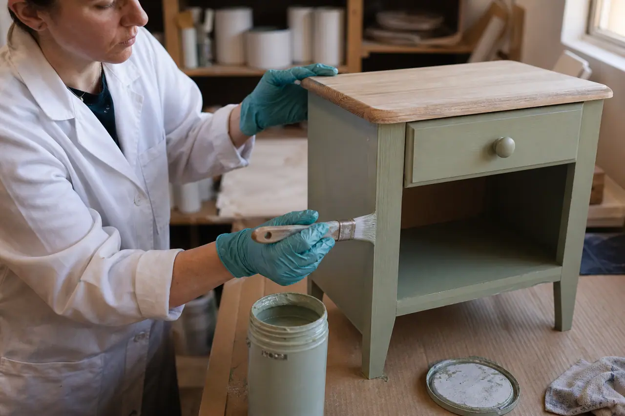 Personne appliquant une peinture mate sur une petite table de chevet en bois.
