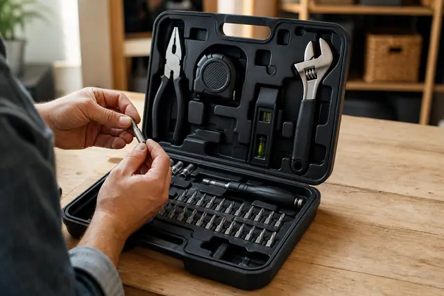 Coffret compact ouvert avec embouts, pince et tournevis rangés sur un établi.