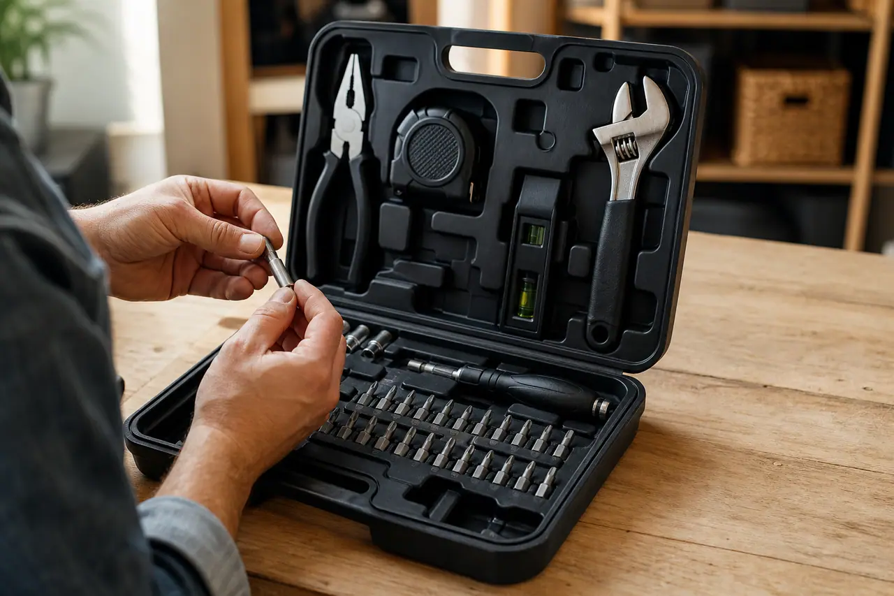 Coffret compact ouvert avec embouts, pince et tournevis rangés sur un établi.