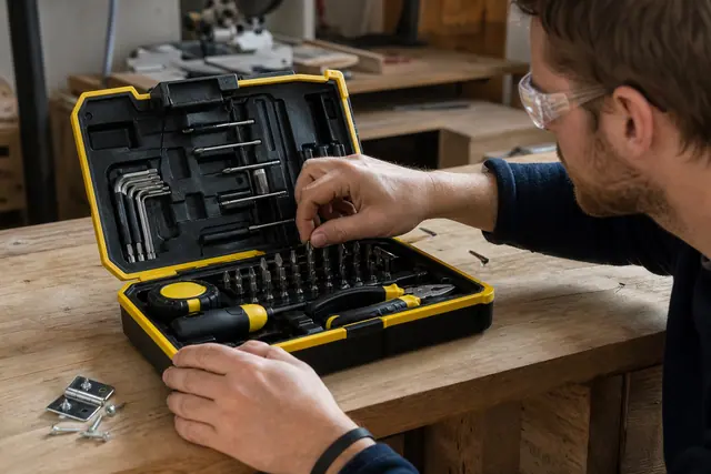 Mallette d’outils ouverte avec embouts et pinces sur établi domestique.