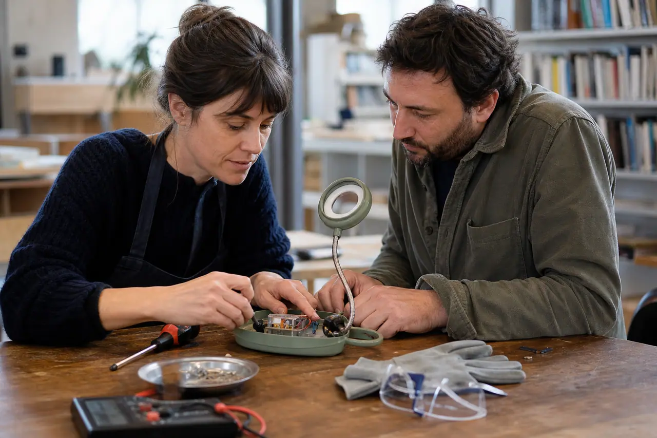 Bénévole et visiteur diagnostiquant une lampe débranchée dans un atelier partagé.