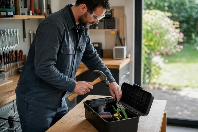Outils manuels, perceuse et sécateur rangés dans une caisse d’atelier.
