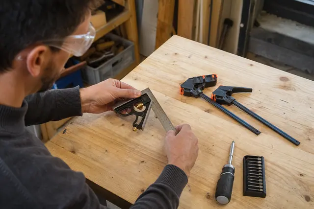 Trois outils manuels posés sur un établi de garage bien éclairé